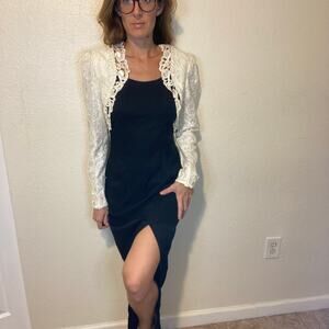 Vintage Scott McClintock Black & White Long Sleeve Lace Trim Gown Dress Size 10